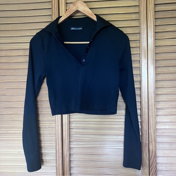 Zara Long Sleeve Ribbed Cropped Polo Top - Picture 2 of 8